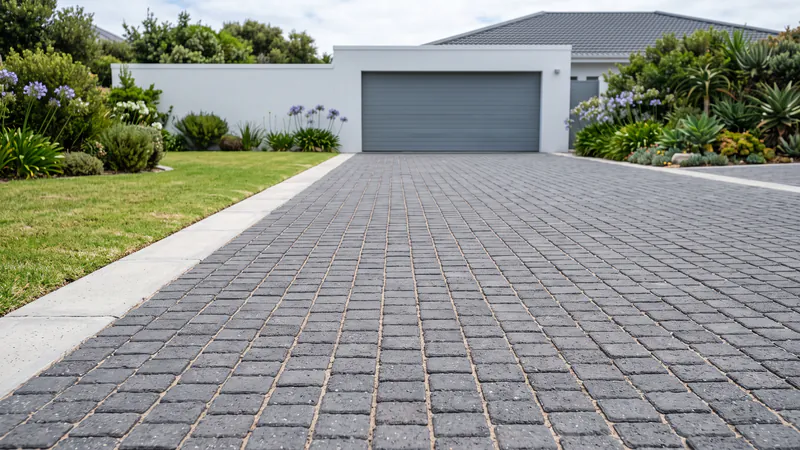 A driveway of dark grey rectangular concrete cobbles with sand-filled joints and a straight concrete edge strip, leading to a grey garage door in a white wall