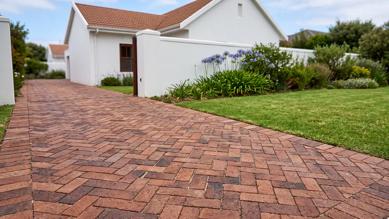 A red-brown clay brick driveway laid in herringbone beside a lawn, in front of a white house with a terracotta roof