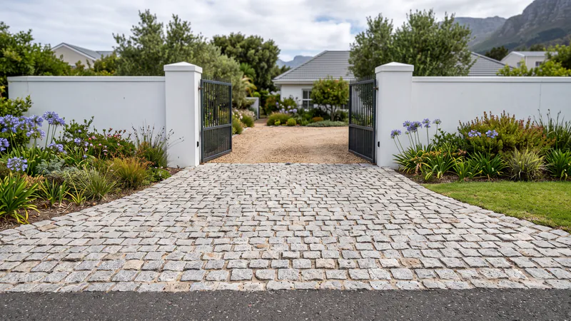 A driveway apron of grey granite setts with uneven faces laid in rows, in front of open dark steel gates between two plain white pillars