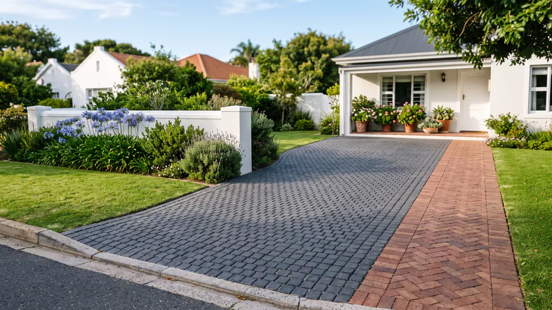 A charcoal cobble driveway with a red clay brick path alongside it at a white house