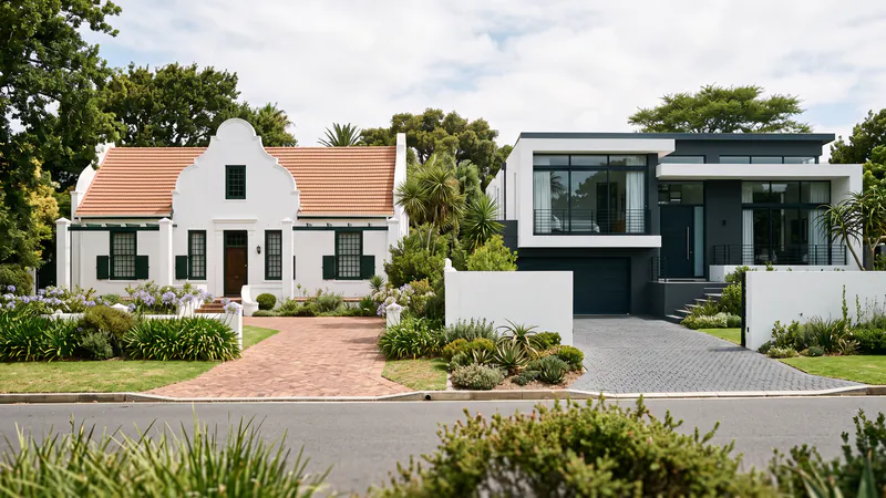 Two neighbouring houses: a white Cape Dutch style house with a red-brown herringbone clay brick driveway, and a modern dark-and-white house with a charcoal cobble driveway
