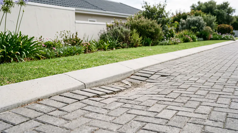 Grey herringbone block paving beside a concrete kerb where a few pavers have shifted out of line, leaving a gap with loose sand