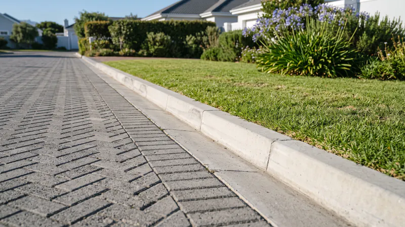 Close-up of grey herringbone block paving butting against a plain precast concrete kerb and concrete channel, with lawn beyond