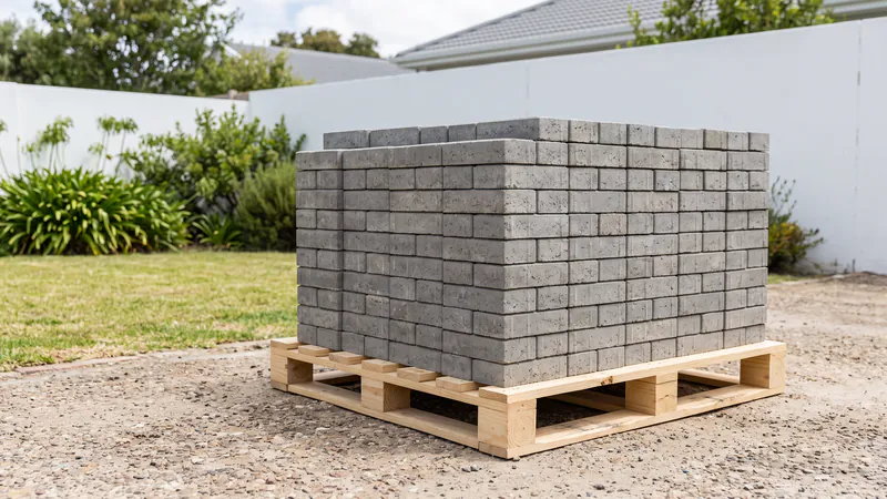A neat stack of plain grey rectangular concrete paving blocks on an unmarked wooden pallet on a gravel surface