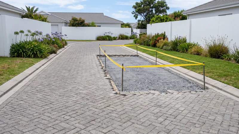 A section of a paved complex road lifted to its crushed-stone layer and closed off with plain yellow tape on steel stakes, while the rest of the road stays open
