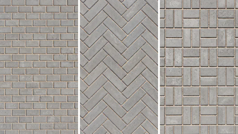 Three panels of grey concrete paving blocks seen from above: stretcher bond in offset rows, herringbone in zig-zag lines, and basket weave in alternating square pairs