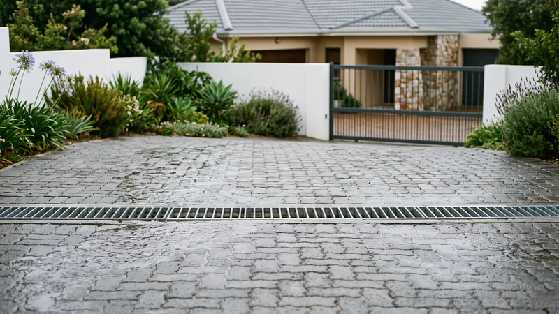 A wet grey block-paved driveway after rain with a steel channel drain grate set across its width near the gate