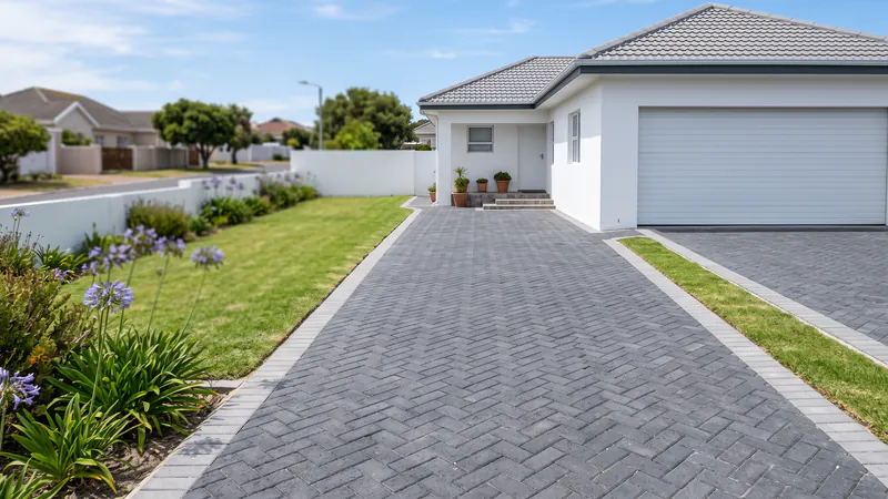 A grey herringbone driveway with a lawn strip leading to a white house and garage