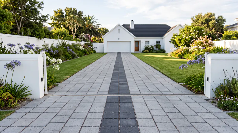 A long light grey block-paved driveway with a straight band of dark charcoal pavers running down the middle towards a white house