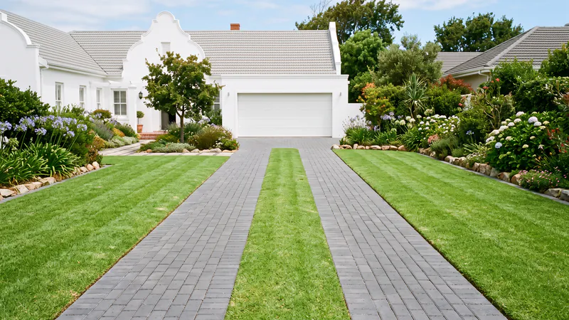 Two charcoal paved wheel strips with a strip of lawn between them, leading straight to a white garage door