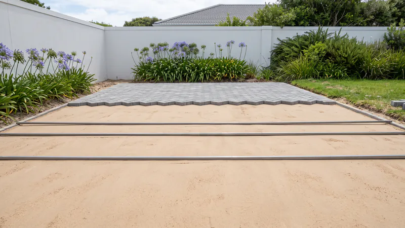 A flat, screeded bed of pale sand with steel screed rails lying in it, and a few rows of grey herringbone pavers already laid at the far end