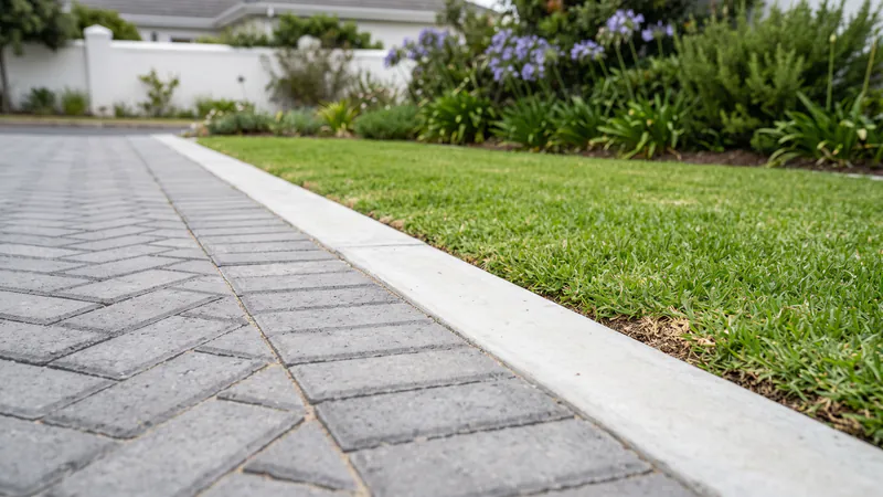 The side of a grey herringbone block-paved driveway butting against a straight light-grey concrete edge strip, with lawn on the other side