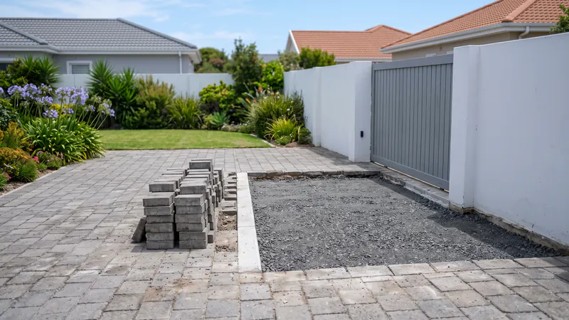 A block-paved driveway with one rectangular section lifted beside a grey gate, its pavers stacked on the intact paving and the stone base exposed