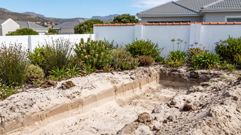 A freshly dug excavation in pale sandy ground, with paler and darker bands of sand in the cut face, beside fynbos planting and a white boundary wall