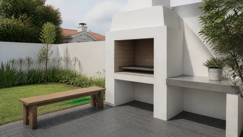 A white plastered built-in braai with a grey concrete worktop beside it, standing on a patio of charcoal paving blocks, with a wooden bench and a lawn