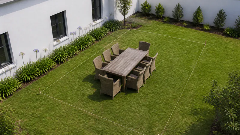 An outdoor dining table and eight chairs standing on a back-garden lawn, with a rectangle of white string pegged out around them beside a white house