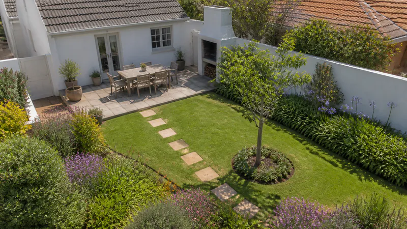 An elevated view of a small walled back garden: a paved patio with a table against a white house, a white built-in braai at the side, stepping stones across the lawn and a young tree in a planted ring