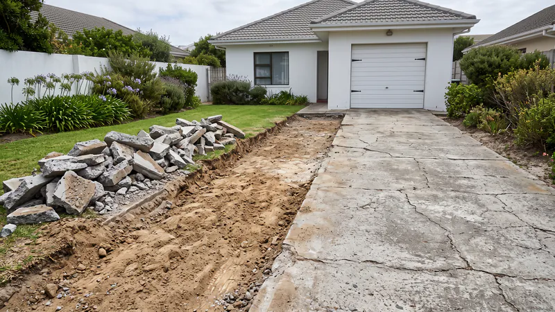 A cracked grey concrete driveway partly broken out, with the broken pieces piled on the lawn beside a strip of bare dug-out soil in front of a white house