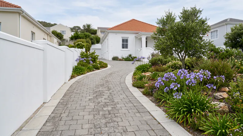 A narrow grey paved driveway curving uphill between a white boundary wall and a garden bed of agapanthus and a small tree, with concrete edge strips on both sides