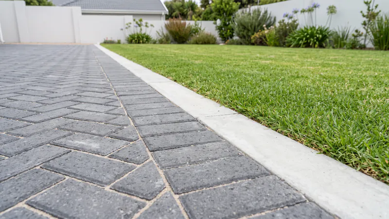 Close view along the edge of a charcoal concrete paver driveway, with a border row of pavers laid against a plain concrete edge strip beside a lawn