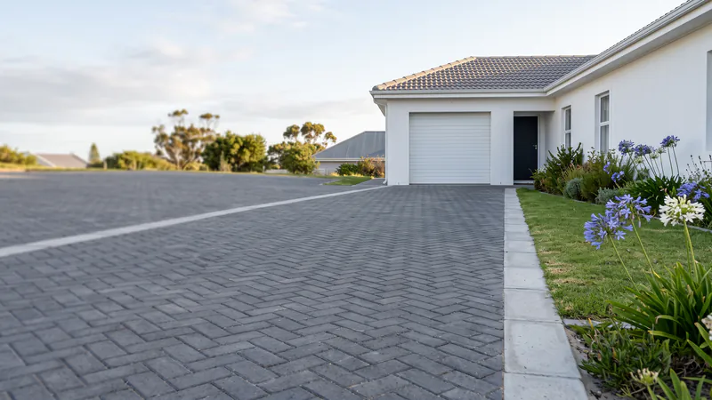 A wide grey herringbone paved area beside a white house with a garage and agapanthus