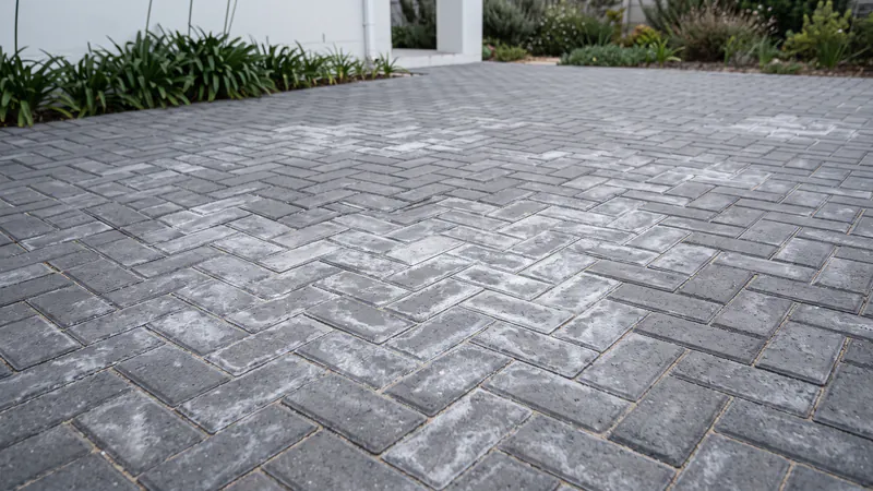 A patchy whitish bloom across new charcoal-grey concrete pavers laid in herringbone