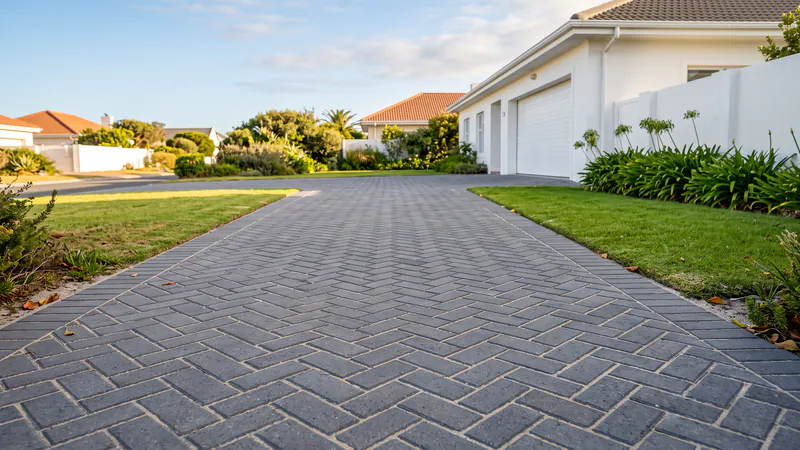A grey herringbone driveway leading to a white house and garage between lawns