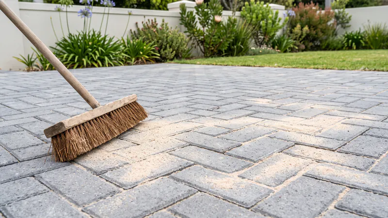 A wooden yard broom on grey herringbone paving, with fine pale sand spread across the surface and partly swept into the joints