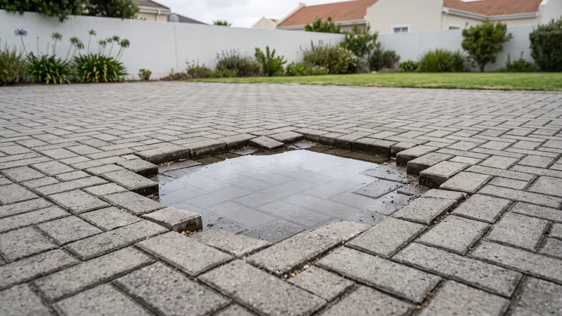 A section of grey herringbone paving that has dropped below the surrounding driveway, with rainwater standing over the sunken pavers