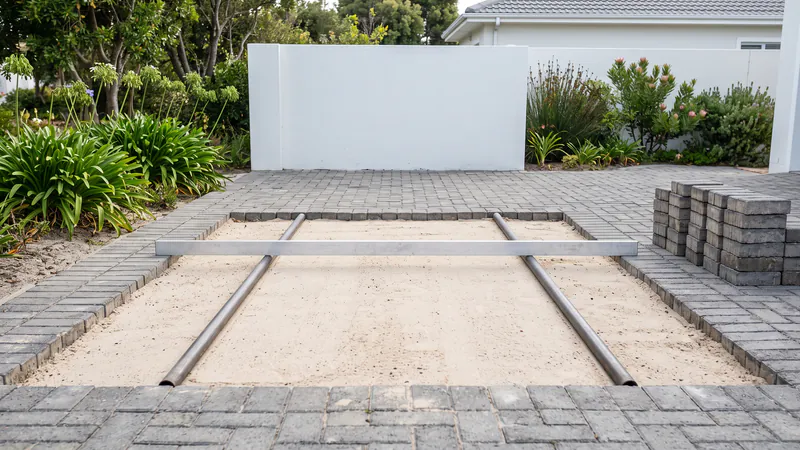 A flat bed of loose pale sand screeded between two steel pipes in an opened section of grey block paving, with a stack of lifted pavers beside it