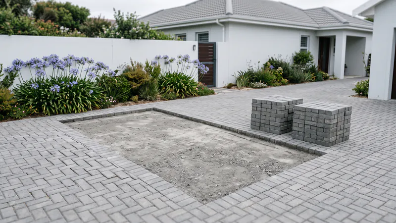 A large rectangular section of grey herringbone driveway lifted, with a flat stone base exposed and the pavers stacked in neat piles beside it