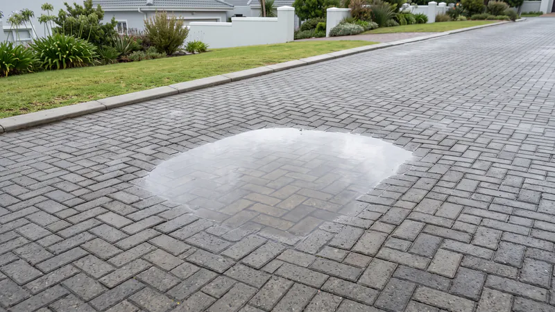 A shallow puddle standing in a gentle dip in wet grey herringbone paving beside a concrete kerb and lawn