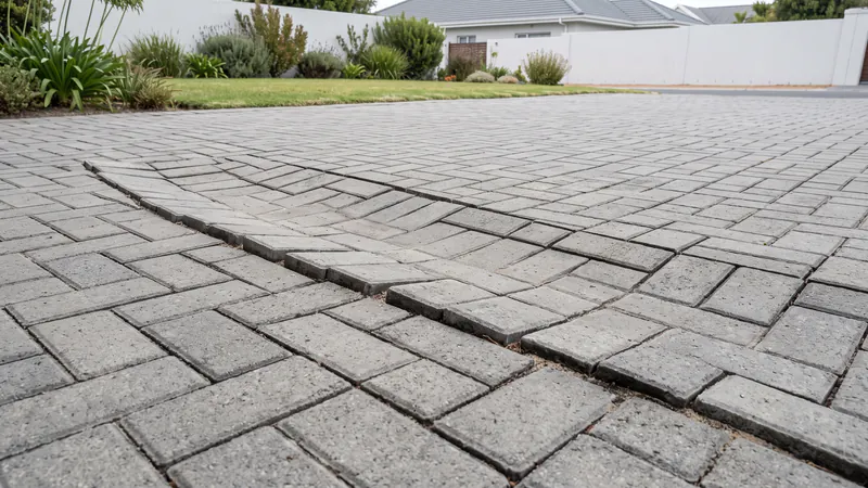 Grey herringbone block paving where a line of pavers has tipped along the edge of a lower area, with the joints beside them opened up