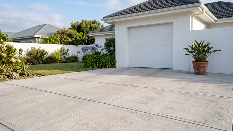 A light-grey cast concrete driveway divided into large square panels by thin joint lines, in front of a white garage door