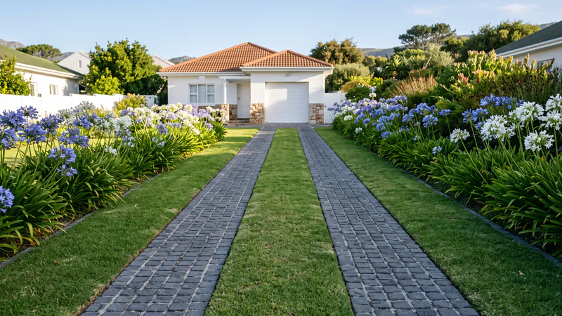 A straight driveway of two charcoal cobble wheel strips with lawn between and on either side, leading to a white house with a garage door