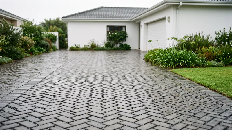 A wet grey herringbone driveway leading to a white house and garage