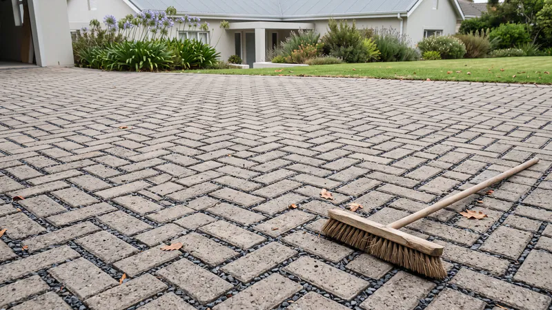 A wooden yard broom lying on grey herringbone block paving with small dark stone chips in the joints and a few dry leaves on the surface
