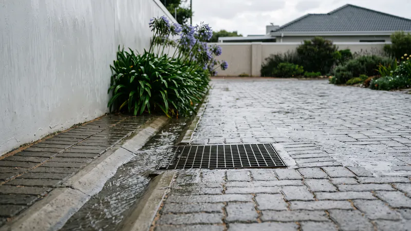 Rainwater flowing along a concrete channel beside wet grey block paving and a white boundary wall, next to a plain steel grating