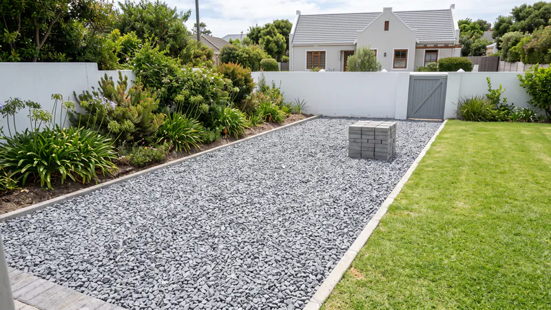 A dug-out bed covered in an even layer of clean grey crushed stone, with a small stack of grey paving blocks waiting on it