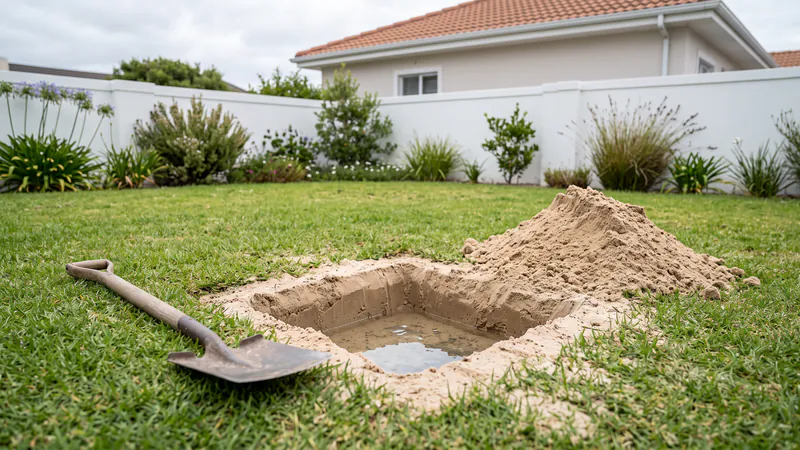 A small square hole dug in pale sandy soil in a lawn, with water standing in the bottom and a spade lying beside it