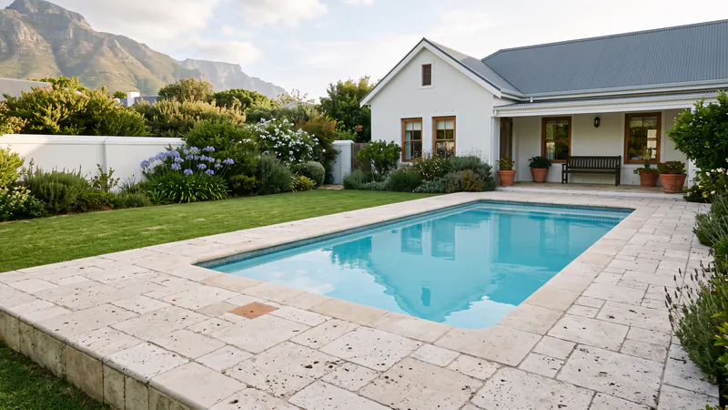 Tumbled travertine paving around a garden pool at a white house