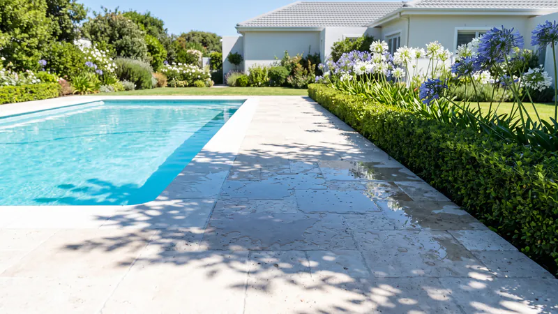 A pale stone pool deck in bright sun, with wet splash patches on the paving beside a clipped hedge and agapanthus