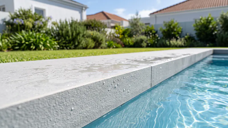 Close-up of water droplets on the textured face of a light-grey coping stone at the edge of a pool