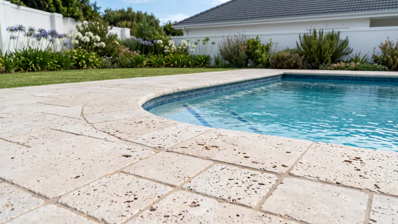 Ivory tumbled travertine pavers with small natural holes and rounded edges, curving around the coping of a blue pool
