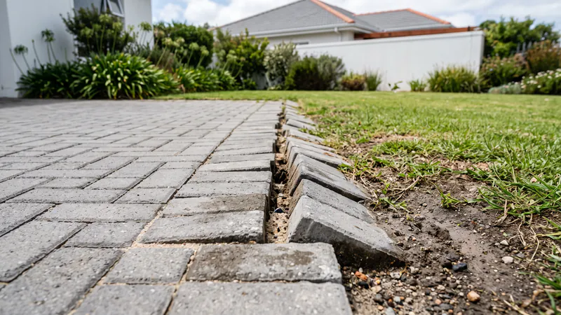 Edge of a block-paved driveway stopping against lawn and soil with no kerb or edge strip, the outer pavers tilted outwards and a wide gap opened between the rows