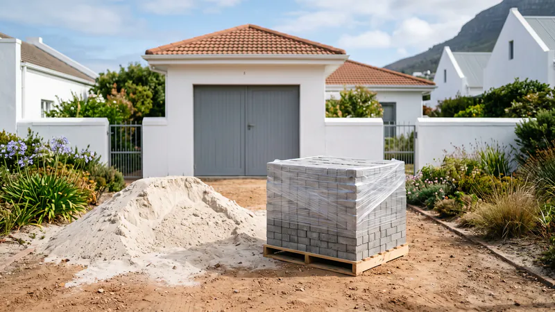 A wrapped pallet of grey paving blocks and a mound of sand waiting on a bare driveway in front of a white garage