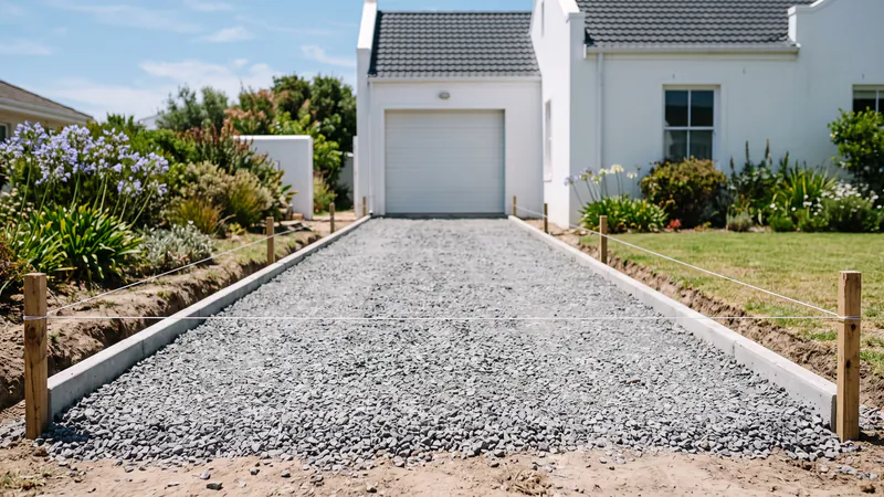 A driveway excavation filled with a levelled crushed-stone layer, with string lines on wooden pegs and concrete edge strips built along both sides, before any pavers are laid
