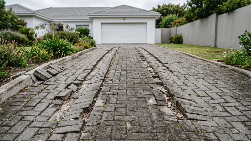 An older block-paved driveway with two sunken, broken lines along the wheel tracks and pavers pushed out over the side kerb