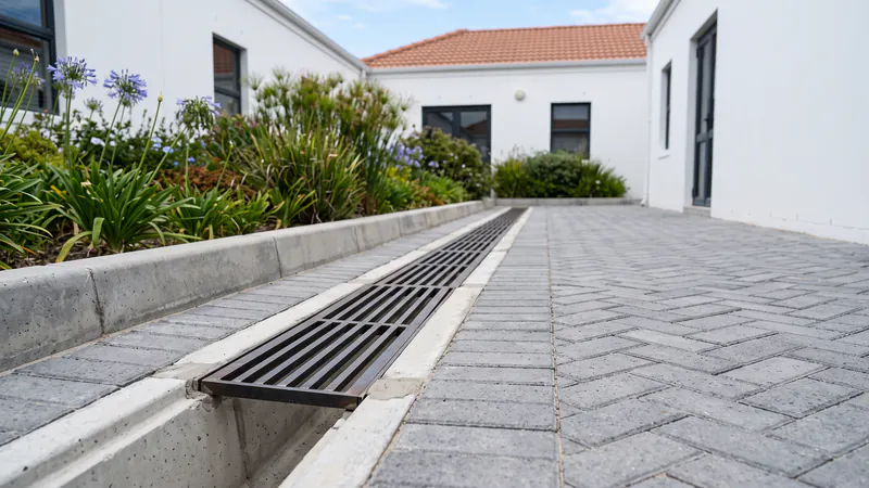A concrete drainage channel with plain steel grates along the edge of grey paving beside a concrete kerb