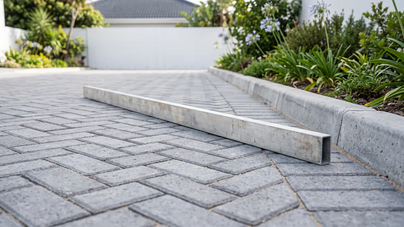 A long aluminium straight edge lying across newly laid grey herringbone paving beside a raised precast concrete kerb